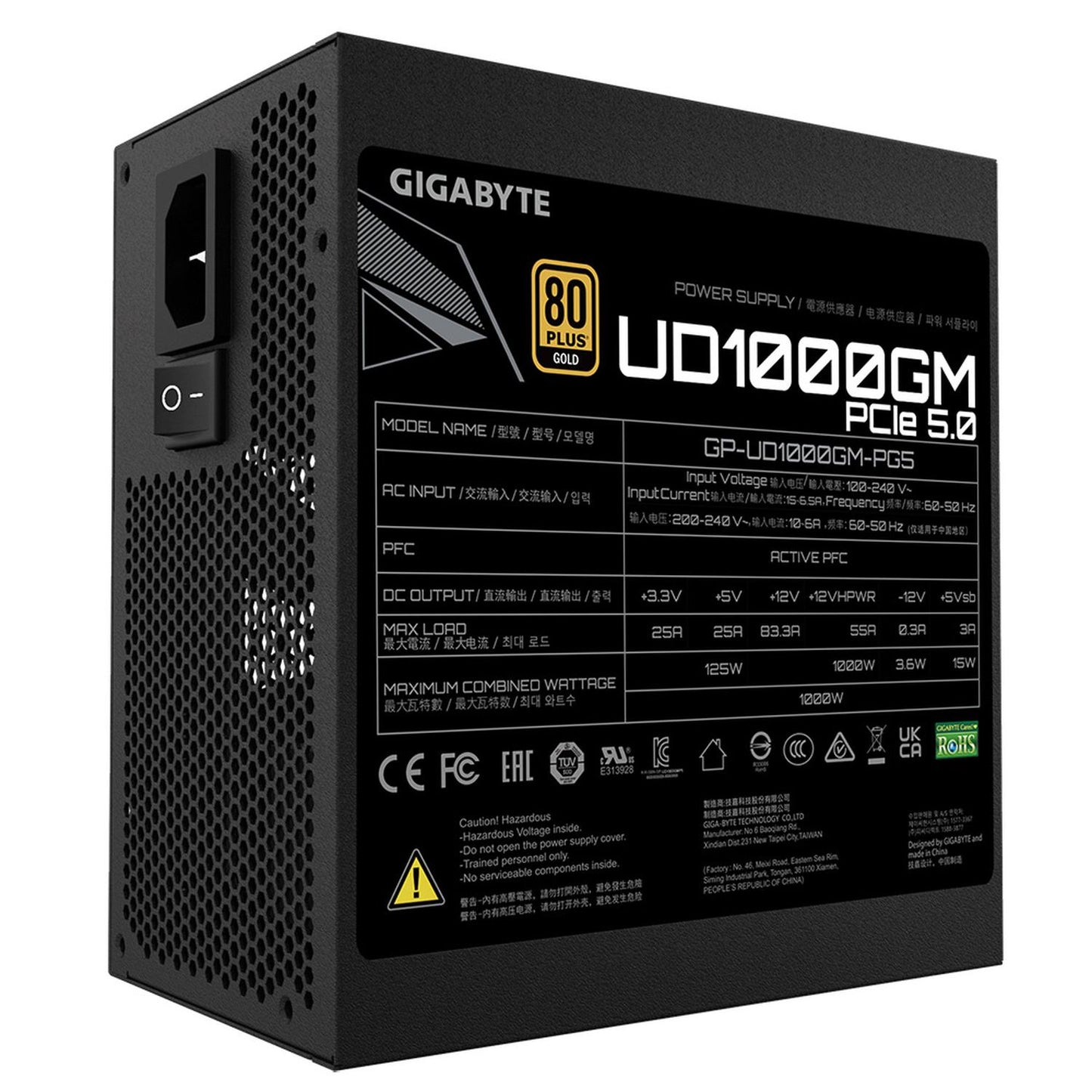 Fuente de Poder Gigabyte UD1000GM PG5 80 PLUS Gold, 20+4 pin ATX, 120mm, 1000W