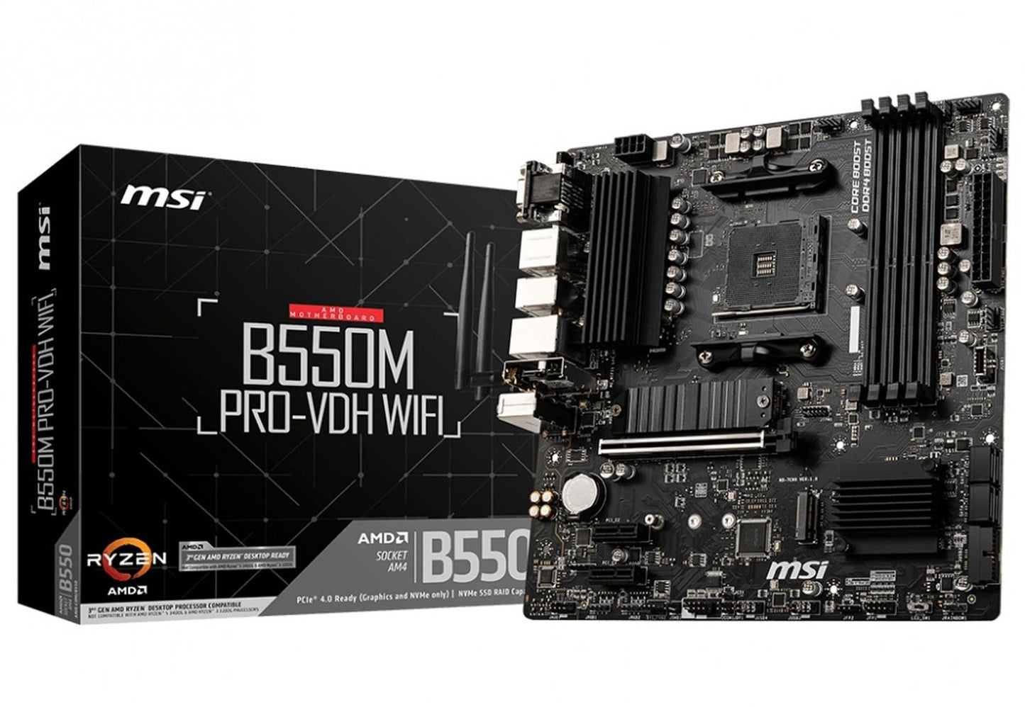 T. Madre MSI B550M PRO-VDH WIFI, ChipSet AMD B550M, Soporta: AMD Ryzen 3ra, 4ta y 5ta Generación, Memoria: DDR4 4400/3000/2133 MHz, 128GB Max, Integrado: Audio HD, Red Wi-Fi 5, Bluetooth, USB 3.2, SATA 3.0, M.2, Micro ATX