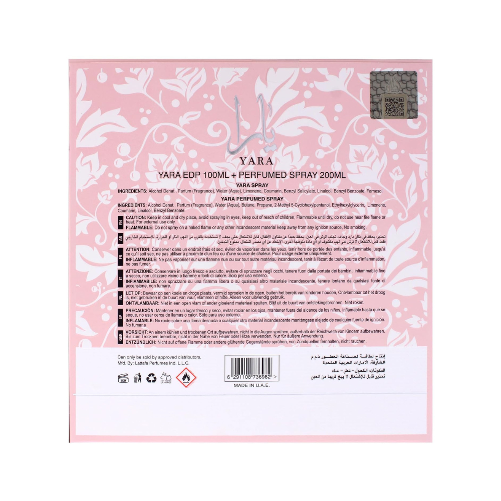 Set de Regalo Lattafa Yara para Mujer | 2 Piezas (EDP 100ml + Body Spray 200ml) | Fragancia Árabe Premium