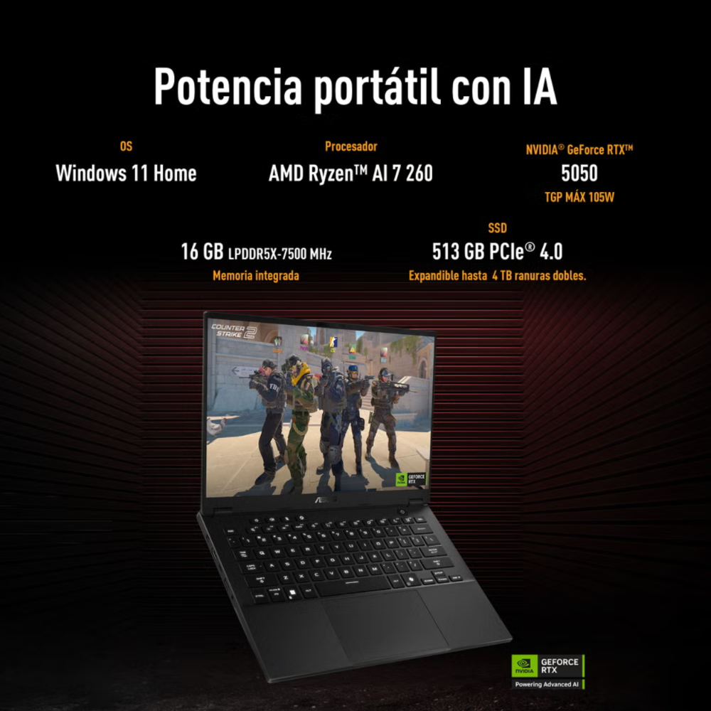 Laptop Asus TUF Gaming A14 14" | WQXGA 165Hz | AMD Ryzen 7 260 NPU 16 TOPS | 16GB RAM | 512GB SSD | NVIDIA RTX 5050 8GB | Windows 11 | Español