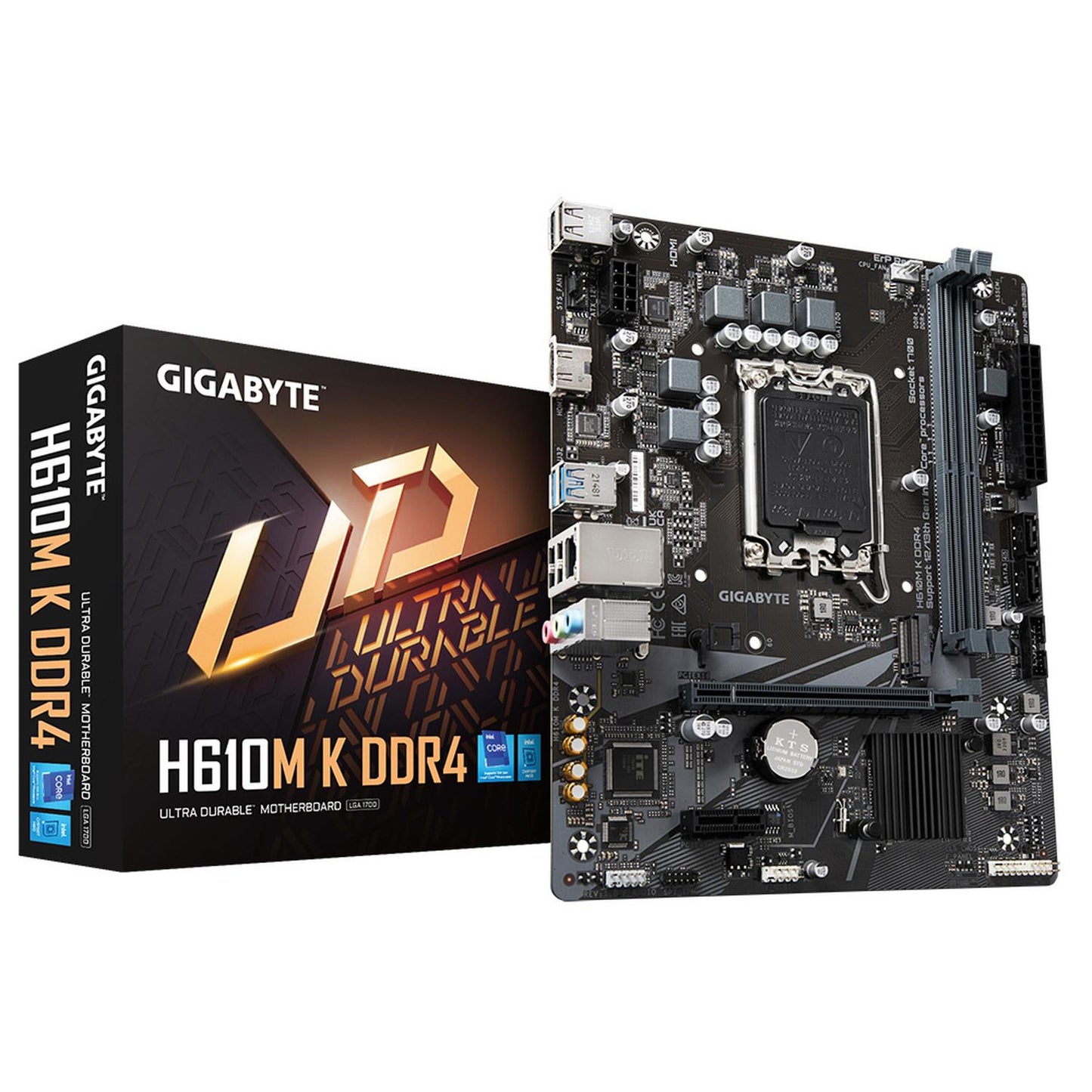 T. Madre GIGABYTE H610M K DDR4, Chipset Intel H610, Soporta: Intel de 12va, 13va y 14va Generación, Socket 1700, Memoria: DDR4 3200/ 2933/ 2133 MHz, 64GB Máx, Integrado: AudioHD, Red, USB 3.2, SATA 3.0 y M.2, Micro-ATX