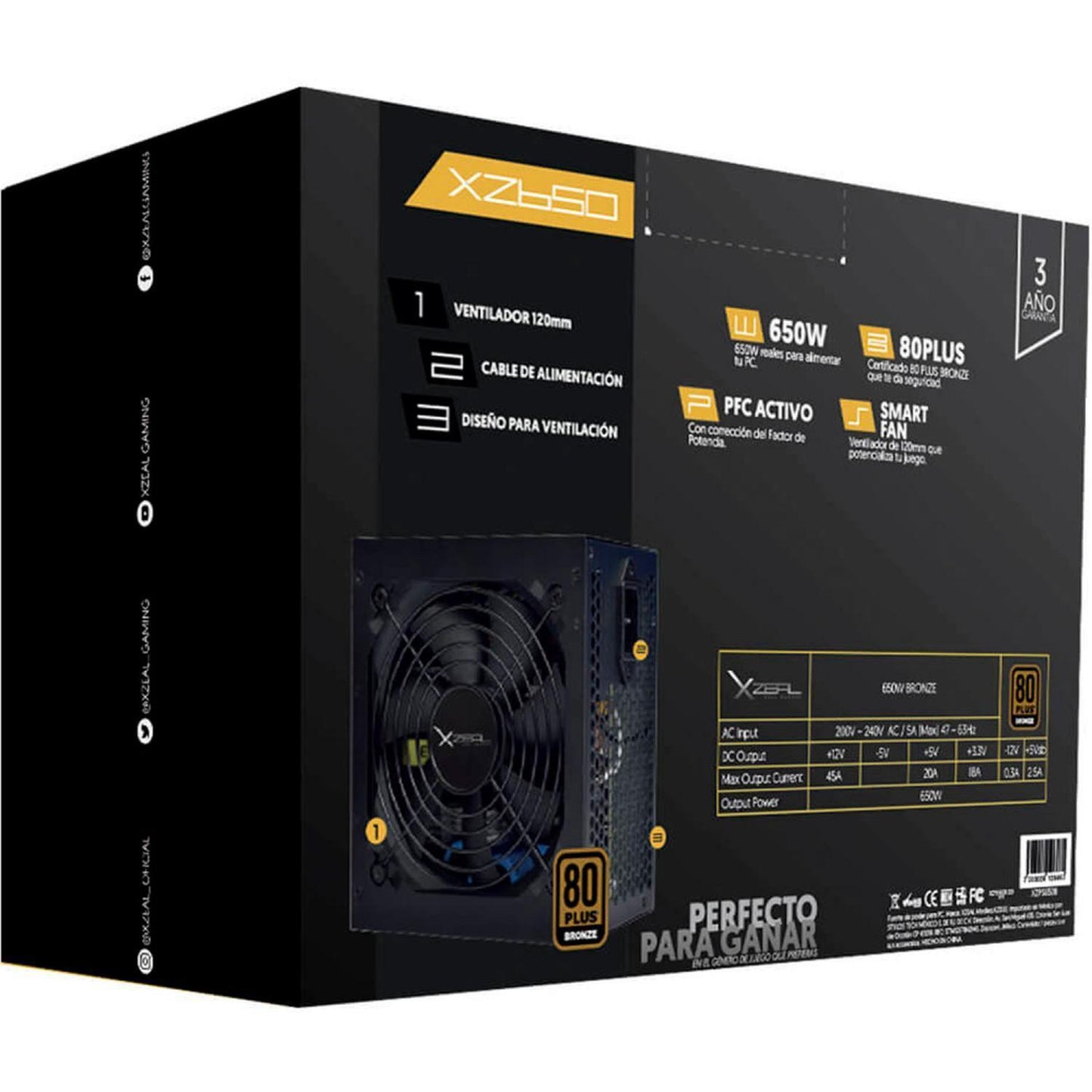 Fuente de Poder XZEAL XZPS650B 80 PLUS Bronze, 20+4 pin ATX, 120mm, 650W