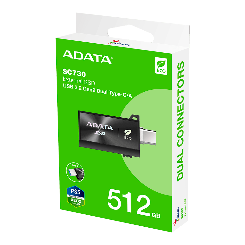 Unidad de Estado Sólido - ADATA SC730 512GB | SSD Externo | Conector Retráctil | Verde Cactus